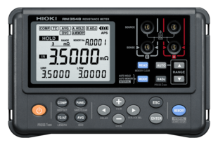 Hioki RM3548 High-precision portable resistance meter measures from microOhm to Mohm, finest resolution 0.1 microOhm, with clip type lead L2107 and temperature sensor Z2002
